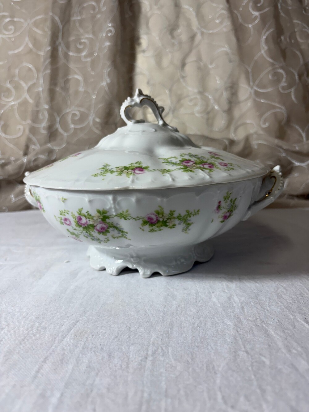 Antique Theodore Haviland Limoges Covered Vegetable Tureen Pink Rose Gold France